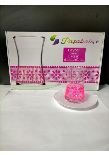 Çay Takımı Neon Pembe Çiçek Beyaz Tabak
