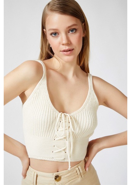 Kadın Bej Önü Bağcıklı Bluz