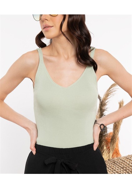 Kadın Yeşil Ip Askılı Triko Bluz
