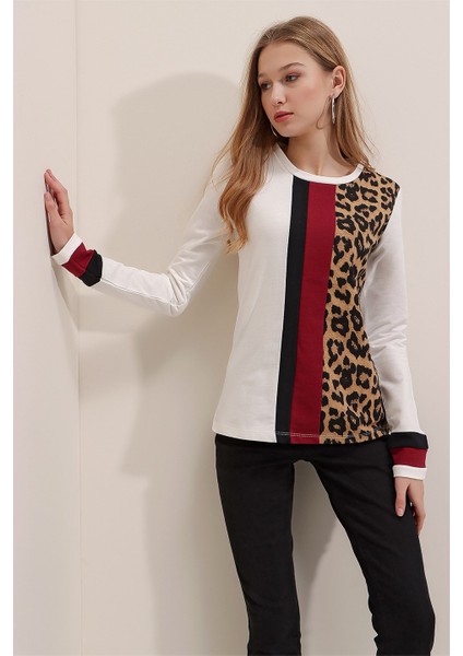 AQE FASHION Kadın Leopar Bloklu Leopar Desenli Bluz