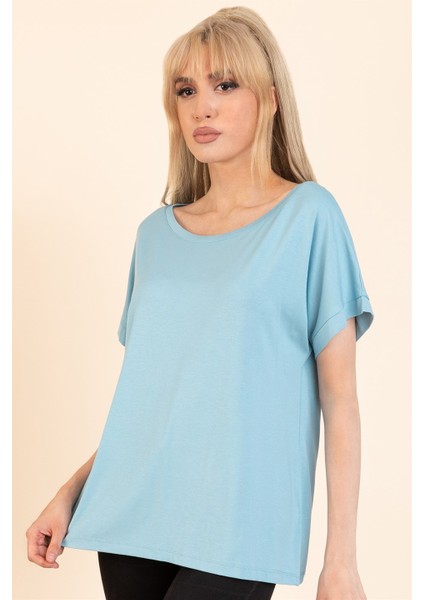 Kadın Bebe Mavisi Sırt Detaylı Kayık Yaka Kısa Kollu Bluz fiyatları
