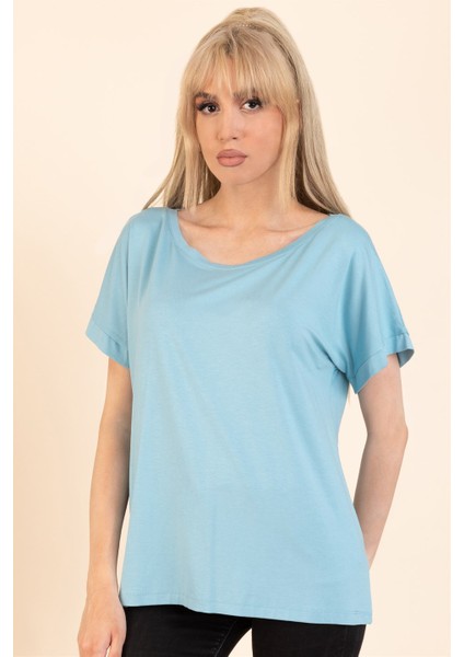 Kadın Bebe Mavisi Sırt Detaylı Kayık Yaka Kısa Kollu Bluz modelleri