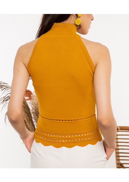 Kadın Halter Yaka Dantel Detaylı Bluz Hardal modelleri