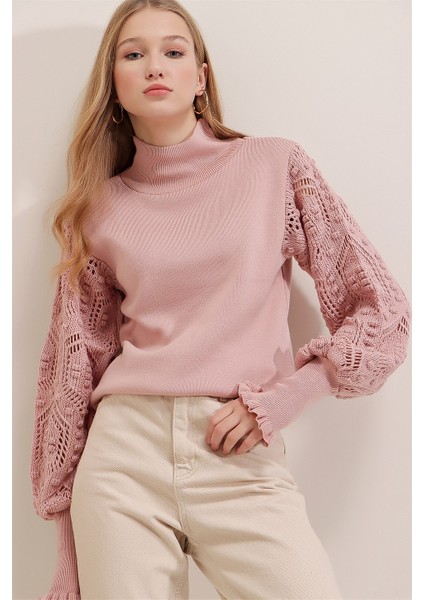 Kadın Pudra Yarım Balıkçı Kolu Dantel Detaylı Kazak fiyatları