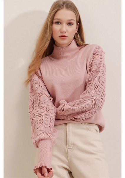 Kadın Pudra Yarım Balıkçı Kolu Dantel Detaylı Kazak fırsatları