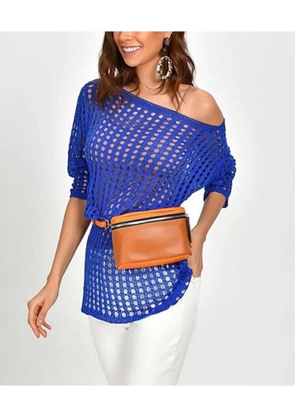 Kadın File Triko Saks Mavisi Bluz