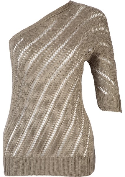 Kadın Tek Omzu Açık Haki Triko Bluz