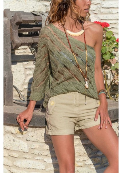 Kadın Haki Tek Omzu Açık Triko Bluz