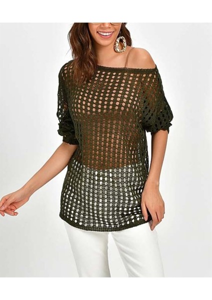 Kadın File Triko Haki Bluz