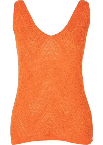 Kadın Kolsuz V Yaka Turuncu Triko Bluz