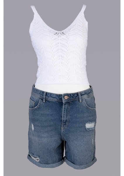 Kadın Askılı Ajurlu Beyaz Triko Bluz