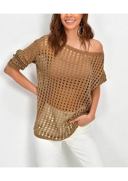 Kadın File Triko Kahverengi Bluz