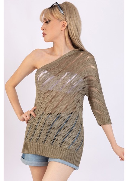 Kadın Haki Tek Omzu Açık Triko Bluz