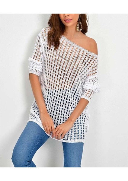 Kadın File Triko Beyaz Bluz