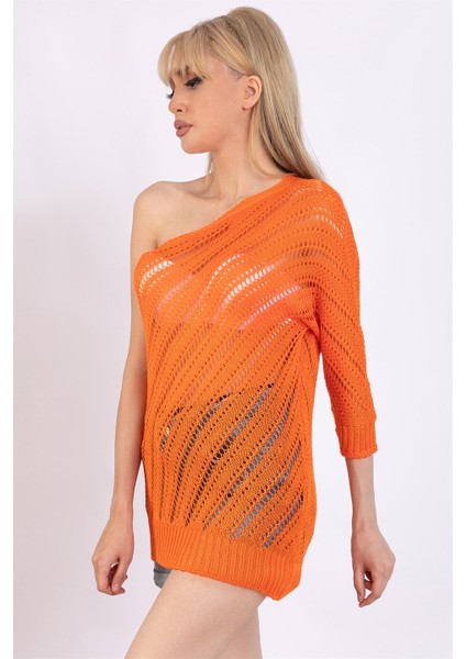 Kadın Turuncu Tek Omzu Açık Triko Bluz fiyatları