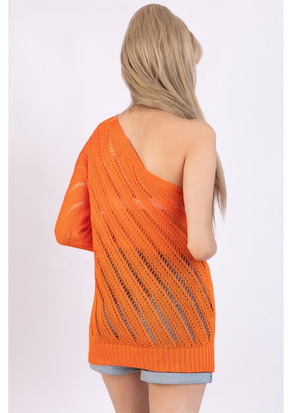 Kadın Turuncu Tek Omzu Açık Triko Bluz modelleri