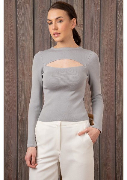 Kadın Degajeli Uzun Kollu Gri Bluz