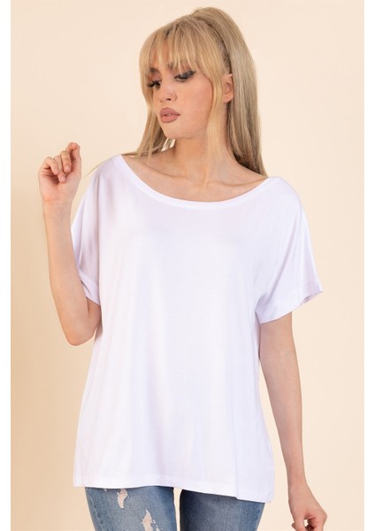 Kadın Beyaz Sırt Detaylı Kayık Yaka Kısa Kollu Bluz fiyatları