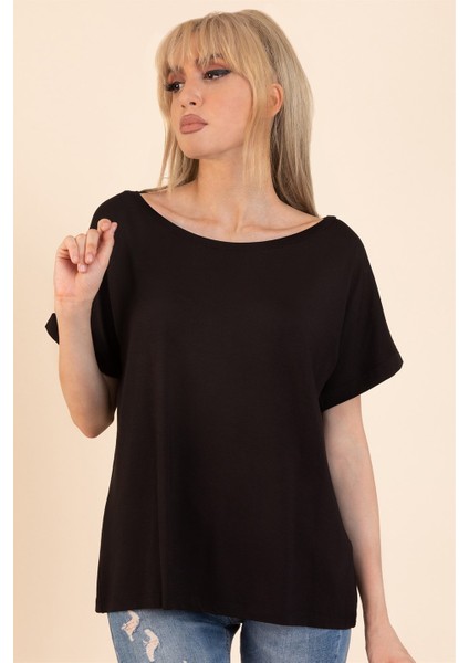 Kadın Siyah Sırt Detaylı Kayık Yaka Kısa Kollu Bluz fiyatları