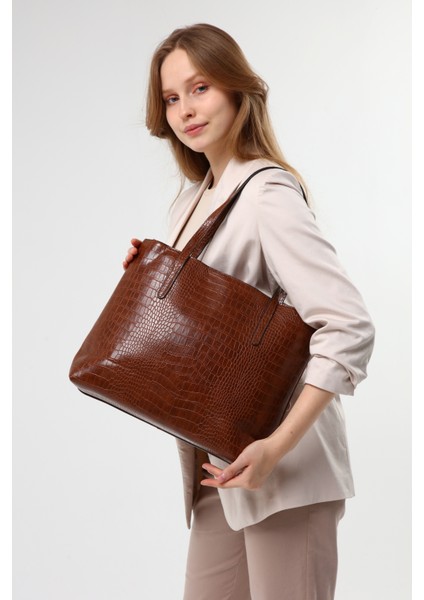 Kadın Kroko Desen Büyük Boy El ve Omuz Çantası