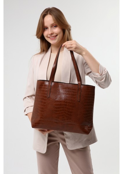 Kadın Kroko Desen Büyük Boy El ve Omuz Çantası modelleri