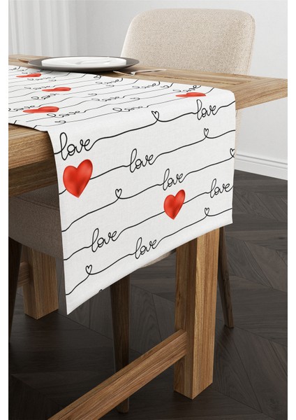 Beyaz Kırmızı Love Yazılı Kalp Desenli Dijital Baskılı Runner CGH1004-RN