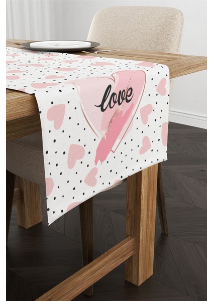 Beyaz Pembe Kalp Desenli Dijital Baskılı Runner CGH1007-RN