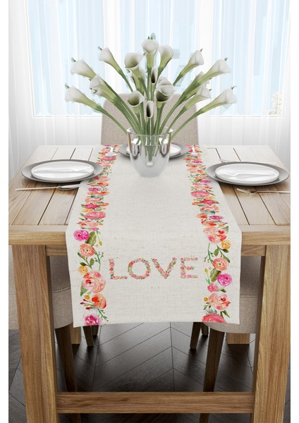 Krem Çok Renkli Çiçekli Love Yazılı Dijital Baskılı Runner CGH1031-RN fiyatları