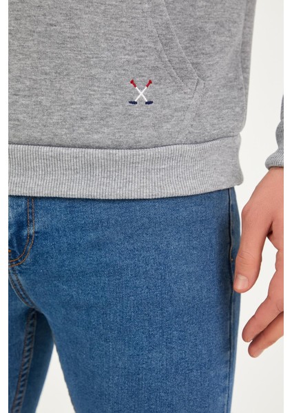 Erkek Kapüşonlu Kanguru Cep 3 Iplik Sweatshirt Gri Melanj
