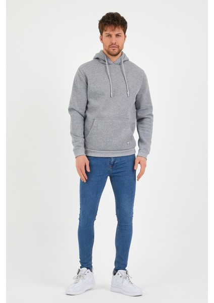 Erkek Kapüşonlu Kanguru Cep 3 Iplik Sweatshirt Gri Melanj