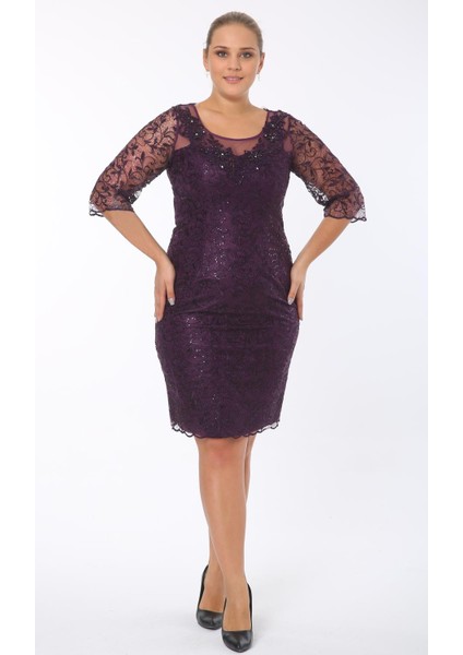 Büyük Beden 3676 Patlıcan Ara Boy Abiye Elbise modelleri