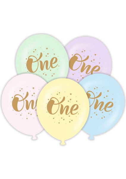 One 1 Yaş Altın Renk Baskılı Latex Balon 10 Adet