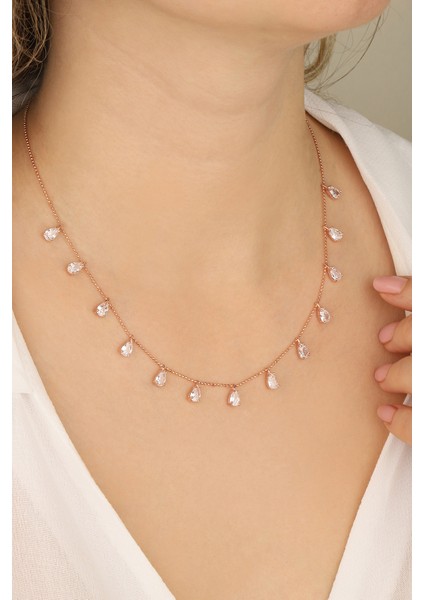 Zirkon Taşlı Damlalar Toplu Zincirli 925 Ayar Gümüş Kolye