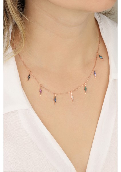 Renkli Taşlı Şimşekler 925 Ayar Gümüş Kolye