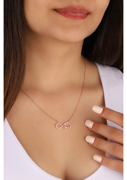 Rose Kaplama Love Yazılı Sonsuzluk 925 Ayar Gümüş Kolye