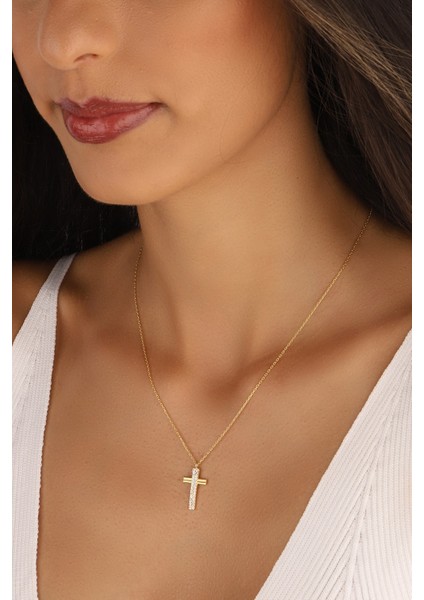 Altın Kaplama Zirkon Taşlı Haç Model 925 Ayar Gümüş Kolye