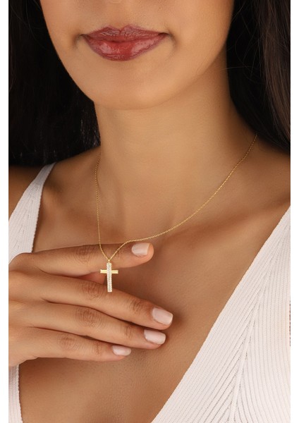 Altın Kaplama Zirkon Taşlı Haç Model 925 Ayar Gümüş Kolye fiyatları