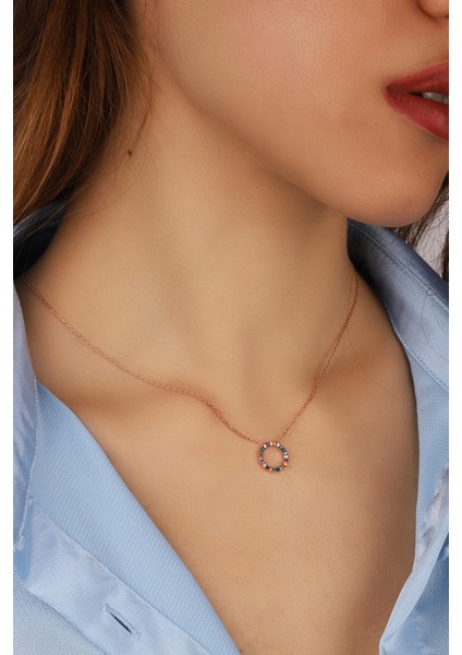 Renkli Taşlı Halka 925 Ayar Gümüş Kolye