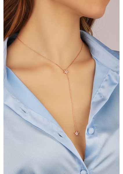 Ikili Uzun Yıldız 925 Ayar Gümüş Kolye