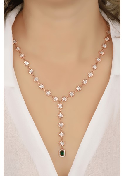 Yıldızlı Zümrüt Baget Taşlı 925 Ayar Gümüş Kolye