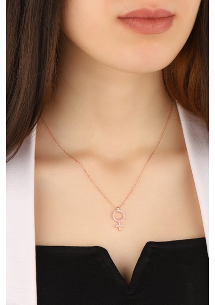 Rose Kaplama Venüs Kadın Sembolü 925 Ayar Gümüş Kolye