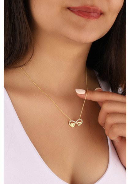 Altın Kaplama Kalpli Kartanesi Sonsuzluk 925 Ayar Gümüş Kolye