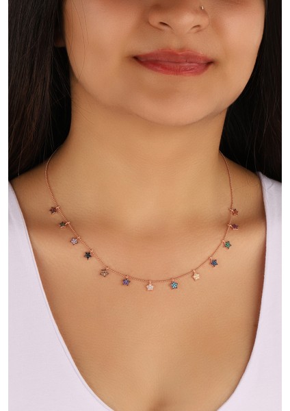 Rose Kaplama Renkli Taşlı Sıralı Yıldızlar 925 Ayar Gümüş Kolye