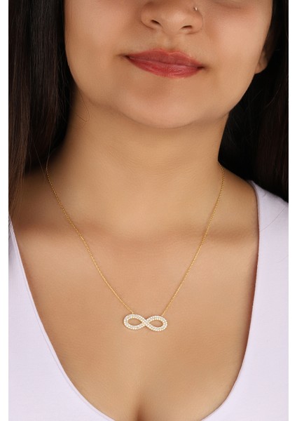 Altın Kaplama Çift Sıra Taşlı Sonsuzluk 925 Ayar Gümüş Kolye
