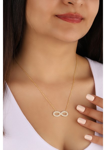 Altın Kaplama Çift Sıra Taşlı Sonsuzluk 925 Ayar Gümüş Kolye fiyatları