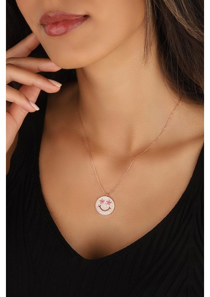 Pembe Taşlı Gülen Yüz 925 Ayar Gümüş Kolye fiyatları