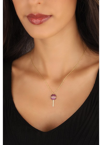 Altın Kaplama Pembe Taşlı Mikrofon 925 Ayar Gümüş Kolye