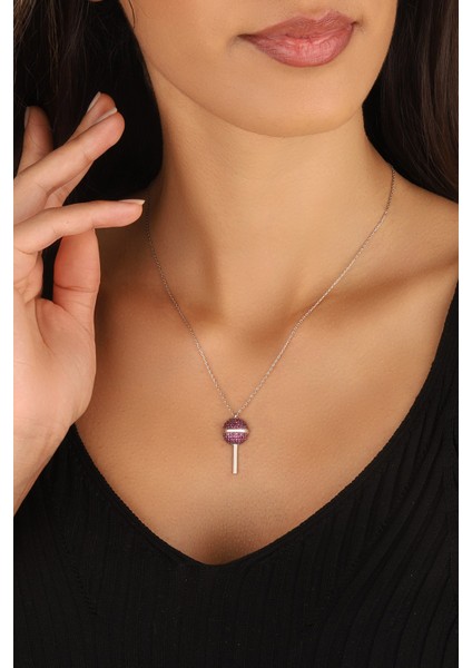 Pembe Taşlı Mikrofon 925 Ayar Gümüş Kolye