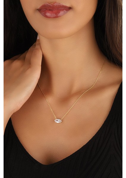 Altın Kaplama Zirkon Mekik Taşlı 925 Ayar Gümüş Kolye