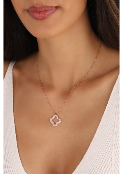 Rose Kaplama Yonca Model 925 Ayar Gümüş Kolye